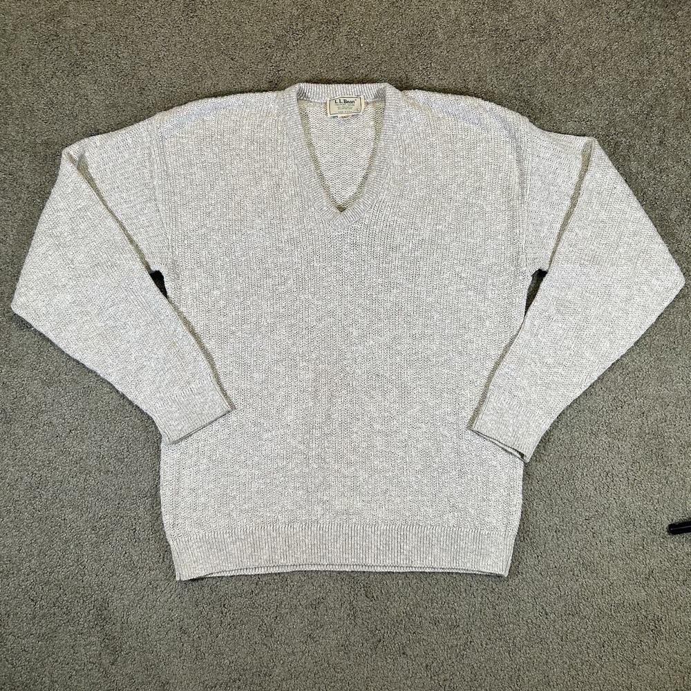 Vintage LL Bean V Neck Sweater Beige Cotton & Rayon Mens Large Made In USA 80s